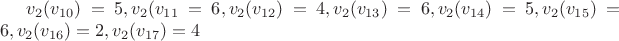 $v_2(v_{10})=5,v_2(v_{11}=6,v_2(v_{12})=4,v_2(v_{13})=6,v_2(v_{14})=5,v_2(v_{15})=6,v_2(v_{16})=2,v_2(v_{17})=4$