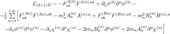 \begin{eqnarray*}&\mathcal{L}_{(2+1)D}=-F^{A(0)}_{ab}F^{A(0),ab}+\partial_a\phi^{(0)}\partial^a\phi^{(0)}-\\
&-\frac12\sum\limits_{n=1}^{+\infty}\Bigl[F^{(An)}_{ab}F^{(An),ab}-m_n^2A^{(n)}_aA^{(n),a}+F^{(Bn)}_{ab}F^{(Bn),ab}-m_n^2B^{(n)}_aB^{(n),a}\\
&-\partial_a\phi^{(n)}\partial^a\phi^{(n)}-\partial_a\chi^{(n)}\partial^a\chi^{(n)}-2m_nB^{(n)}_a\partial^a\phi^{(n)}+2m_nA^{(n)}_a\partial^a\chi^{(n)}\Bigr]\end{eqnarray*}