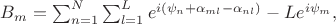 $B_{m}=\sum_{n=1}^{N}\sum_{l=1}^{L}e^{i\left(\psi_{n}+\alpha_{ml}-\alpha_{nl}\right)}-Le^{i\psi_{m}},$