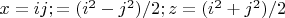 $x = i j ; 
 = ( i^2 - j^2) / 2 ; 
z = ( i^2 + j^2 ) / 2$