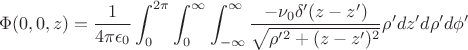 $$
\Phi(0,0,z)
=
\frac{1}{4\pi\epsilon_0}
\int_0^{2\pi}\int_0^\infty\int_{-\infty}^\infty
 \frac{-\nu_0\delta'(z-z')}{\sqrt{\rho'^2+(z-z')^2}}
 \rho' 
dz'd\rho' d\phi'
$$