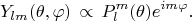 $$Y_{lm}( \theta, \varphi) \, \propto \, P_l^m( \theta) e^{im \varphi}.$$