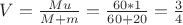 $V=\frac{Mu}{M+m}=\frac{60*1}{60+20}=\frac{3}{4}$