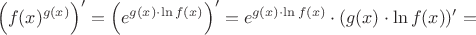$$
\left(f(x)^{g(x)}\right)' = \left( e^{g(x) \cdot \ln f(x)} \right)' = e^{g(x) \cdot \ln f(x)} \cdot (g(x) \cdot \ln f(x))' =
$$