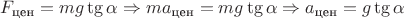 $F_{\text{цен}} = mg \tg{\alpha} \Rightarrow ma_{\text{цен}} = mg \tg{\alpha} \Rightarrow a_{\text{цен}} = g \tg{\alpha}$