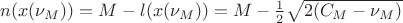 $n(x(\nu_M)) = M - l(x(\nu_M))=M -  \frac{1}{2}\sqrt{2 (C_M - \nu_M)}$