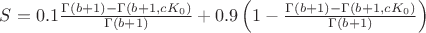 $S=0.1 \frac{\Gamma(b+1)-\Gamma(b+1,c K_0)}{\Gamma(b+1)}+0.9 \left(1-\frac{\Gamma(b+1)-\Gamma(b+1,c K_0)}{\Gamma(b+1)}\right)$
