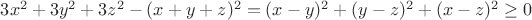 $3x^2+3y^2+3z^2 - (x+y+z)^2 = (x-y)^2+(y-z)^2+(x-z)^2\ge 0$