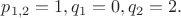 $p_{1,2}=1,q_1=0,q_2=2.$