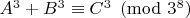 $A^3+B^3\equiv C^3\pmod{3^8}$