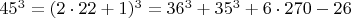 $  45^3 =  (2\cdot 22+1)^3  =  36^3 + 35^3 + 6 \cdot 270-26 \qquad \qquad $