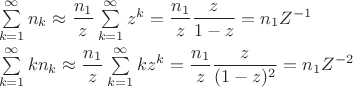 $\begin{array}{l}\sum\limits_{k=1}^{\infty}n_k\approx\dfrac{n_1}{z}\sum\limits_{k=1}^\infty z^k=\dfrac{n_1}{z}\dfrac{z}{1-z}=n_1 Z^{-1}\\[2ex]\sum\limits_{k=1}^{\infty}k n_k\approx\dfrac{n_1}{z}\sum\limits_{k=1}^\infty k z^k=\dfrac{n_1}{z}\dfrac{z}{(1-z)^2} = n_1 Z^{-2}\end{array}$