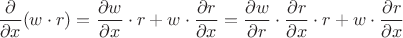 $$\frac{\partial}{\partial x}(w\cdot r)=\frac{\partial w}{\partial x}\cdot r+w\cdot\frac{\partial r}{\partial x}=\frac{\partial w}{\partial r}\cdot\frac{\partial r}{\partial x}\cdot r+w\cdot\frac{\partial r}{\partial x}$$