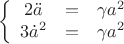 $$\left\{ {\begin{array}{*{20}c}   {2 \ddot a &=& \gamma a^2 }  \\   {3 \dot a^2  &=& \gamma a^2 }  \\ \end{array} } \right.$$