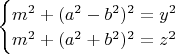 $\begin{cases}
m^2+(a^2-b^2)^2=y^2\\
m^2+(a^2+b^2)^2=z^2
\end{cases}$