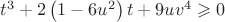 $
\[{t^3} + 2\left( {1 - 6{u^2}} \right)t + 9u{v^4} \geqslant 0\]$