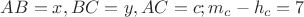 $AB = x , BC = y , AC = c ; m_{c} - h_{c}=7 $