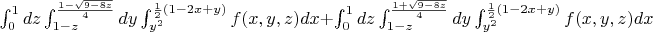 $ \int_{0}^{1} dz \int_{1-z}^{\frac{1-\sqrt{9-8z}}{4}} dy \int_{y^2}^{\frac{1}{2}(1-2x+y)}f(x,y,z) dx +
 \int_{0}^{1} dz \int_{1-z}^{\frac{1+\sqrt{9-8z}}{4}} dy \int_{y^2}^{\frac{1}{2}(1-2x+y)}f(x,y,z) dx $