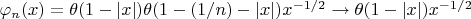$\varphi_n(x)=\theta(1-|x|)\theta(1-(1/n)-|x|)x^{-1/2}\to\theta(1-|x|)x^{-1/2}$