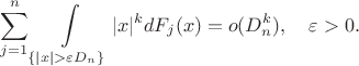 $$
\sum\limits_{j=1}^n\int\limits_{\{|x|>\varepsilon D_n\}}|x|^{k}dF_j(x)=o(D_n^{k}), \quad \varepsilon>0.
$$