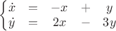 $
\left\{\begin{matrix}
\dot{x} & = & -x & + & y\\ 
\dot{y} & = & 2x & - & 3y
\end{matrix}\right.
$