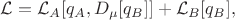 $\mathcal{L}=\mathcal{L}_A[q_A,D_\mu[q_B]]+\mathcal{L}_B[q_B],$