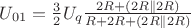 ${U_{01}} =   \frac{3}{2}  U_{q}  \frac{  2R +( 2R \parallel 2R) }{R+2R +( 2R \parallel 2R)}$
