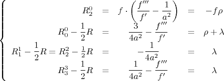 $$\left\{ {\begin{array}{rcccc}
   {R_2^0  &=& f \cdot \left( {\dfrac{{f'''}}{{f'}} - \dfrac{1}{{a^2 }}} \right) &=&  - f\rho }  \\
   {R_0^0  - \dfrac{1}{2}R &=& \dfrac{3}{{4a^2 }} - \dfrac{{f'''}}{{f'}} &=& \rho  + \lambda }  \\
   {R_1^1  - \dfrac{1}{2}R = R_2^2  - \frac{1}{2}R &=&  - \dfrac{1}{{4a^2 }} &=& \lambda }  \\
   {R_3^3  - \dfrac{1}{2}R &=& \dfrac{1}{{4a^2 }} - \dfrac{{f'''}}{{f'}} &=& \lambda }  \\
 \end{array} } \right.
$$