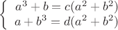 $$\left\{
\begin{array}{rcl}
 a^3+b=c(a^2+b^2) \\
 a+b^3=d(a^2+b^2) \\
\end{array}
\right.$$