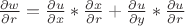 $\[
\frac{{\partial w}}
{{\partial r}} = \frac{{\partial u}}
{{\partial x}}*\frac{{\partial x}}
{{\partial r}} + \frac{{\partial u}}
{{\partial y}}*\frac{{\partial u}}
{{\partial r}}
\]
$