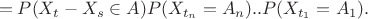 $$=P(X_t-X_s\in A)P(X_{t_n}=A_n)..P(X_{t_1}= A_1).$$