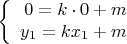 $$\left\{
\begin{array}{rcl}
 0 = k \cdot 0 + m& \\
 y_1= k x_1 + m\\
\end{array}
\right.$$