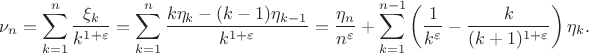 $$\nu_n=\sum_{k=1}^n\frac{\xi_k}{k^{1+\varepsilon}}=\sum_{k=1}^n\frac{k\eta_k-(k-1)\eta_{k-1}}{k^{1+\varepsilon}}=\frac{\eta_n}{n^\varepsilon}+\sum_{k=1}^{n-1}\left(\frac{1}{k^\varepsilon}-\frac{k}{(k+1)^{1+\varepsilon}}\right)\eta_k.$$