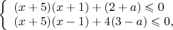 $
\left\{ \begin{array}{l}
(x+5)(x+1)+(2+a)\leqslant  0\\
(x+5)(x-1)+4(3-a)\leqslant  0,
\end{array} \right.
$