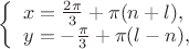 $
\left\{ \begin{array}{l}
x= \frac {2\pi} 3 + \pi(n+l),\\
y=- \frac {\pi} 3 + \pi(l-n),
\end{array} \right.
$