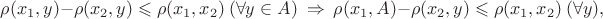 $\rho(x_1,y)-\rho(x_2,y)\leqslant\rho(x_1,x_2)\ (\forall y\in A)\ \Rightarrow\ \rho(x_1,A)-\rho(x_2,y)\leqslant\rho(x_1,x_2)\ (\forall y),$