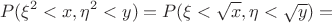 $$P(\xi^2<x,\eta^2<y)=P(\xi<\sqrt{x}, \eta<\sqrt{y})=$$