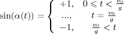 $\sin(\alpha(t))=\left\{\begin{array}{ccc}+1,&0\leqslant t<\frac{v_0}{g}\\...,&t=\frac{v_0}{g}\\-1,&\frac{v_0}{g}<t\end{array}$