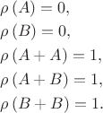 $\begin{gathered}
  \rho \left( A \right) = 0, \hfill \\
  \rho \left( B \right) = 0, \hfill \\
  \rho \left( {A + A} \right) = 1, \hfill \\
  \rho \left( {A + B} \right) = 1, \hfill \\
  \rho \left( {B + B} \right) = 1. \hfill \\ 
\end{gathered} $