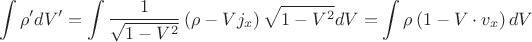 $$\int \rho' dV' =\int \frac{1}{\sqrt{1-V^2}}\left(\rho - Vj_x\right)\sqrt{1-V^2}dV= \int \rho\left(1 - V\cdot v_x\right)dV$$