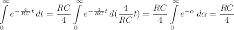 $$\int\limits_0^\infty e^{-\frac {4} {RC}t}\,dt = \frac {RC} {4} \int\limits_0^\infty e^{-\frac {4} {RC}t}\,d(\frac {4} {RC}t) = \frac {RC} {4} \int\limits_0^\infty e^{-\alpha}\,d\alpha = \frac {RC} {4}$$