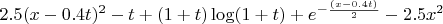 $2.5(x-0.4t)^2-t+(1+t)\log(1+t)+e^{-\frac{\left(x-0.4t\right)}{2}}-2.5x^2$