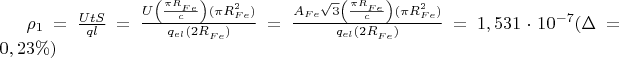 $\[{\rho _1} = \frac{{UtS}}
{{ql}} = \frac{{U\left( {\frac{{\pi R_{Fe}^{}}}
{c}} \right)(\pi R_{Fe}^2)}}
{{{q_{el}}(2R_{Fe}^{})}} = \frac{{{A_{Fe}}\sqrt 3 \left( {\frac{{\pi R_{Fe}^{}}}
{c}} \right)(\pi R_{Fe}^2)}}
{{{q_{el}}(2R_{Fe}^{})}} = 1,531 \cdot {10^{ - 7}}(\Delta = 0,23\% )\]$