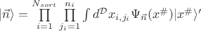 $|\vec n\rangle=\prod\limits_{i=1}^{N_{sort}}\prod\limits_{j_i=1}^{n_i}\int d^{\mathcal{D}}x_{i,j_i}\Psi_{\vec n}(x^{\#}) |x^{\#}\rangle'$
