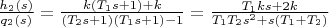 $\frac{h_{2}(s)}{q_{2}(s)}=\frac{k (T_{1} s+1)+k}{(T_{2} s+1)(T_{1} s+1)-1}=\frac{T_{1} k s+2k}{T_{1}T_{2}s^2+s(T_{1}+T_{2})}$