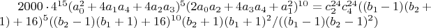 $2000 \cdot 4^{15} (a_0^2+4 a_1 a_4+4 a_2 a_3)^5 (2 a_0 a_2+4 a_3 a_4+a_1^2)^{10}=c_2^{24} c_4^{24}  ((b_1-1) (b_2+1)+16)^5 ((b_2-1) (b_1+1)+16)^{10}(b_2+1) (b_1+1)^2/((b_1-1) (b_2-1)^2)$