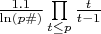 $\frac{1.1}{\ln(p\#)}\prod\limits_{t \le p} \frac{t}{t-1}$