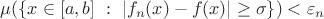 $\mu(\{x\in [a,b]\ : \ |f_n(x)-f(x)|\geq \sigma\})<\varepsilon_n$