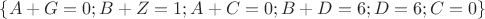 $\{A+G=0; B+Z=1; A+C=0; B+D=6; D=6; C=0\}$