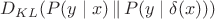 $D_{KL}(P(y \mid x) \,\|\, P(y \mid \delta(x)))$